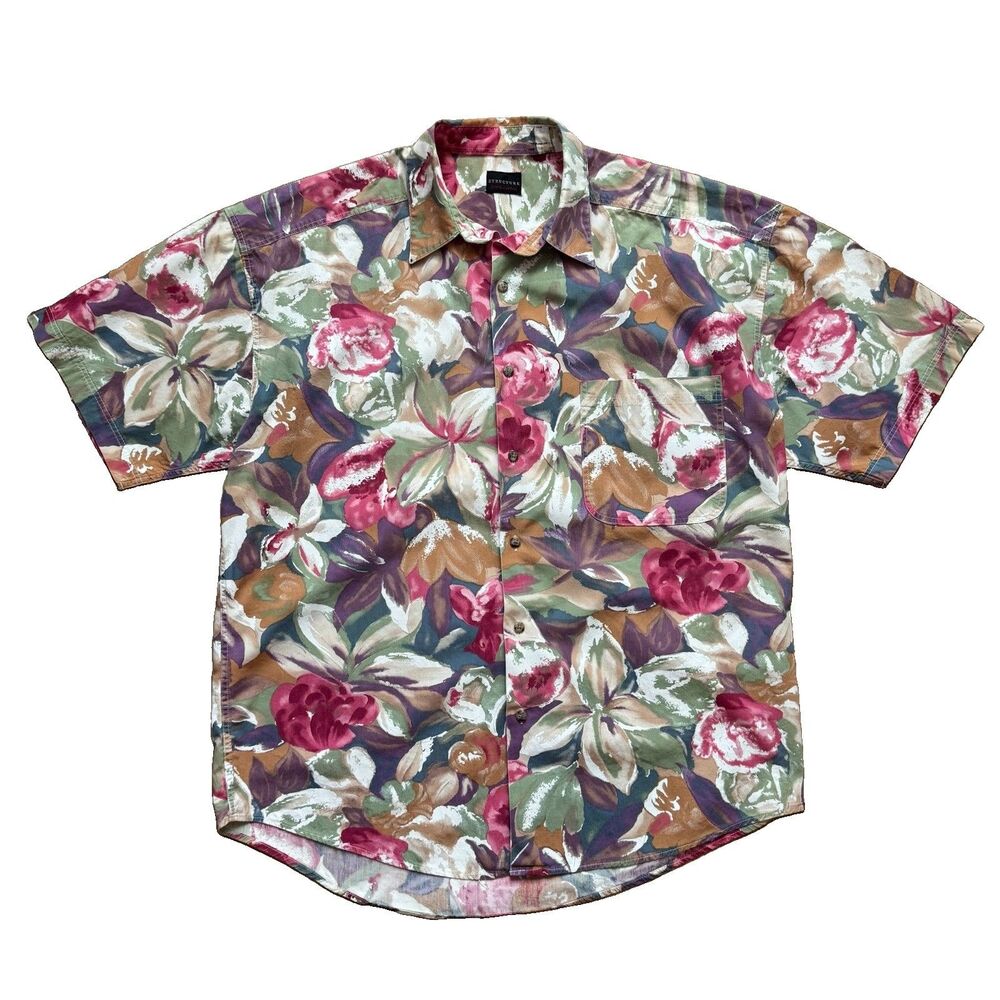 Vintage Structure Floral Button Up Hawaiian Camp Shirt Mens Size XL Cotton